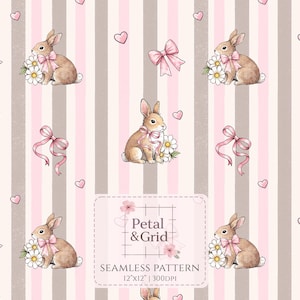 Puede incluir: Patrón sin costuras con ilustraciones de conejitos, lazos, margaritas y corazones. El diseño tiene un fondo a rayas en rosa y beige. El texto "Petal & Grid" y "Seamless Pattern" es visible.