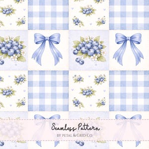 Patrón sin costuras de patchwork con lazo de arándanos / Diseño de edredón floral de cuadros azules / Papel digital estilo cottagecore para tela, papel tapiz y decoración de cocina.