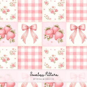 Patrón sin costuras de patchwork con lazo de fresa / Diseño de edredón floral de cuadros rosas / Papel digital Coquette para tela, papel tapiz y álbum de recortes