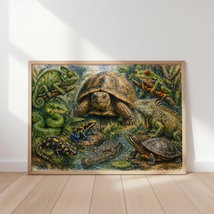 May include: A framed watercolor print featuring a variety of reptiles and amphibians. The artwork includes a large tortoise, a green iguana, a chameleon, a snake, a red-eyed tree frog, a turtle, a salamander, a frog, and a small alligator.