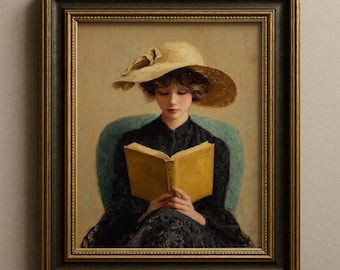 Vintage Woman Reading Book Poster, Victorian Woman Sitting in Green Chair Print, Cozy Reading Poster, Book Nook Bedroom Wall Decor, Unframed