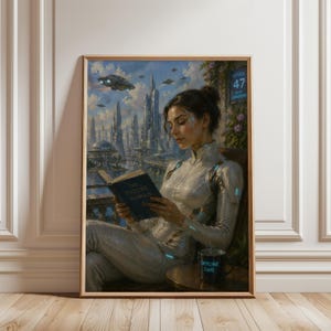 Affiche de livre de lecture femme futuriste humaine du futur, future technologie spatiale littéraire galaxie science-fiction en gros caractères, affiche futuriste, décoration murale