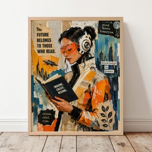 Imagine. Create. Become. Future Tech Woman Reading Book Poster, Literary Outer Space SciFi Large Print, Alien Galaxy Poster, Room Wall Decor