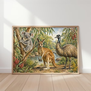 May include: A framed print featuring Australian wildlife. A koala clings to a tree, a kangaroo stands tall, and an emu is nearby. The artwork is set in a lush, green landscape with a river in the background.
