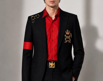 Jaqueta Michael Jackson Bad Blazer, Jaqueta com Fivela MJ, Traje de Palco Preto e Vermelho, Roupa de Cosplay de Astro Pop dos Anos 80