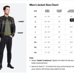 May include: A man in a black leather jacket and black jeans stands next to a jacket size chart. The chart lists sizes XS to 4XL with measurements for body chest, jacket chest, shoulder, and sleeves in inches.