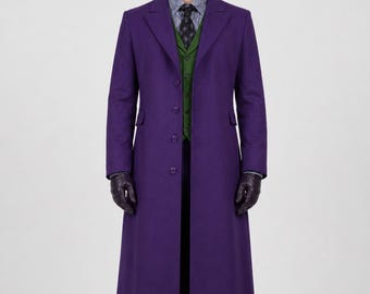 Sobretudo roxo de lã inspirado no Coringa | Sobretudo para cosplay inspirado em Heath Ledger