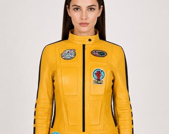 Conjunto de fantasia de Kill Bill: A Noiva | Jaqueta e calça de couro amarelas de Uma Thurman | Fantasia de Halloween da Beatrix Kiddo