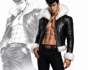 Jaqueta de couro preta inspirada em anime com gola de pele | Fantasia de inverno para cosplay | Roupa estilosa unissex de anime