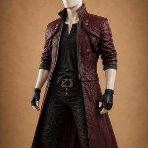 Peut inclure: Un long manteau en cuir bordeaux avec un design matelassé aux épaules, une fermeture éclair et des poches latérales. Le manteau est associé à une chemise noire, un pantalon noir et des gants sans doigts. Le mannequin est sur fond marron.