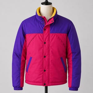 May include: A colour-blocked puffer jacket featuring a vibrant magenta main body with purple sleeves and upper chest panels. The jacket includes a high collar with a yellow interior lining, a front button closure, and two side pockets with purple trim.