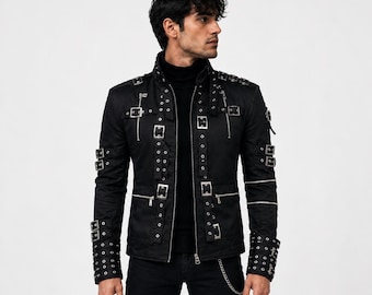 Chaqueta con la portada del álbum Bad de Michael Jackson / Chaqueta con hebilla inspirada en el rock metal / Rey retro