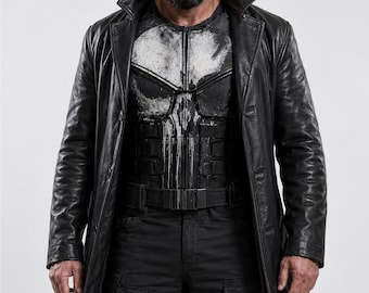 Casaco de couro "O Justiceiro: Uma Última Morte" | Jon Bernthal Leather | Jaqueta Trench Preta Frank Castle