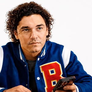 May include: A blue and white varsity jacket with a large red "B" patch. The jacket is worn by a person holding a smartphone. The person has curly brown hair and is looking off to the side.
