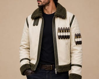 Jaqueta de couro Smoker Marine | Casaco masculino para cosplay de anime | Jaqueta bomber branca de shearling