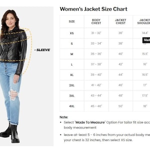 May include: A woman in a black jacket and blue jeans stands next to a size chart. The chart details jacket measurements for sizes XS to 4XL, including body chest, jacket chest, shoulder, and sleeve lengths in inches. The chart also includes a note about custom sizing.
