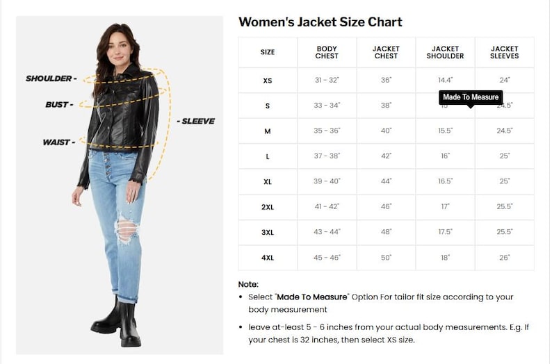 May include: A woman in a black jacket and blue jeans stands next to a size chart. The chart details jacket measurements for sizes XS to 4XL, including body chest, jacket chest, shoulder, and sleeve lengths in inches. The chart also includes a note about custom sizing.