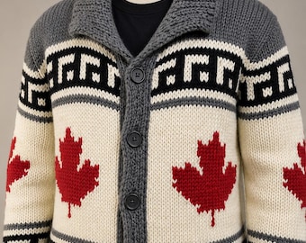Suéter Maple Leaf Canada | Cardigã grosso de lã tricotado à mão | Cardigã masculino de inverno com zíper