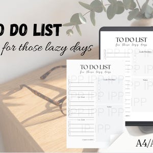 May include: A digital tablet and printed paper display a "TO DO LIST" design with the text "for those lazy days." The design includes sections for tasks, goals, and notes. The paper is A4/A5 size. Tortoiseshell glasses rest on a wooden surface.