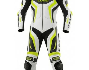 Customized Men's One-Piece Motorcycle Leather Racing Suit (White/Yellow)