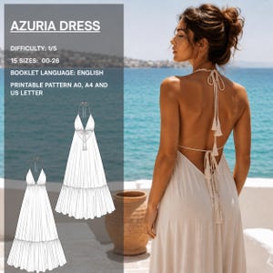 Azuria Boho Sundress Sewing Pattern PDF | Open Back Midi Dress | Vacation Dress Pattern | Beginner Friendly | Sizes 00-26 | Instant Download