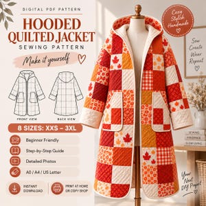 May include: A digital PDF sewing pattern for a hooded quilted jacket featuring a patchwork design of red, orange, and white maple leaves, floral patterns, and gingham checks. The pattern includes front and back views, 8 sizes from XXS to 3XL.