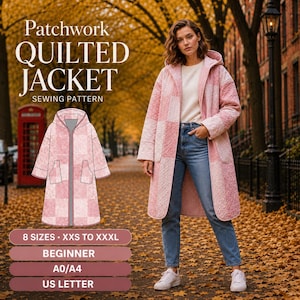 Beginner Quilted Coat Sewing Pattern with Step by Step Instructions, Oversized Hooded Longline Jacket, 8 Sizes XXS-XXXL, PDF