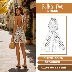May include: A woman wearing a white polka dot halter dress with a bow in the back, holding a woven handbag. The image also shows a dress pattern with the text "Polka Dot Dress", and size information.