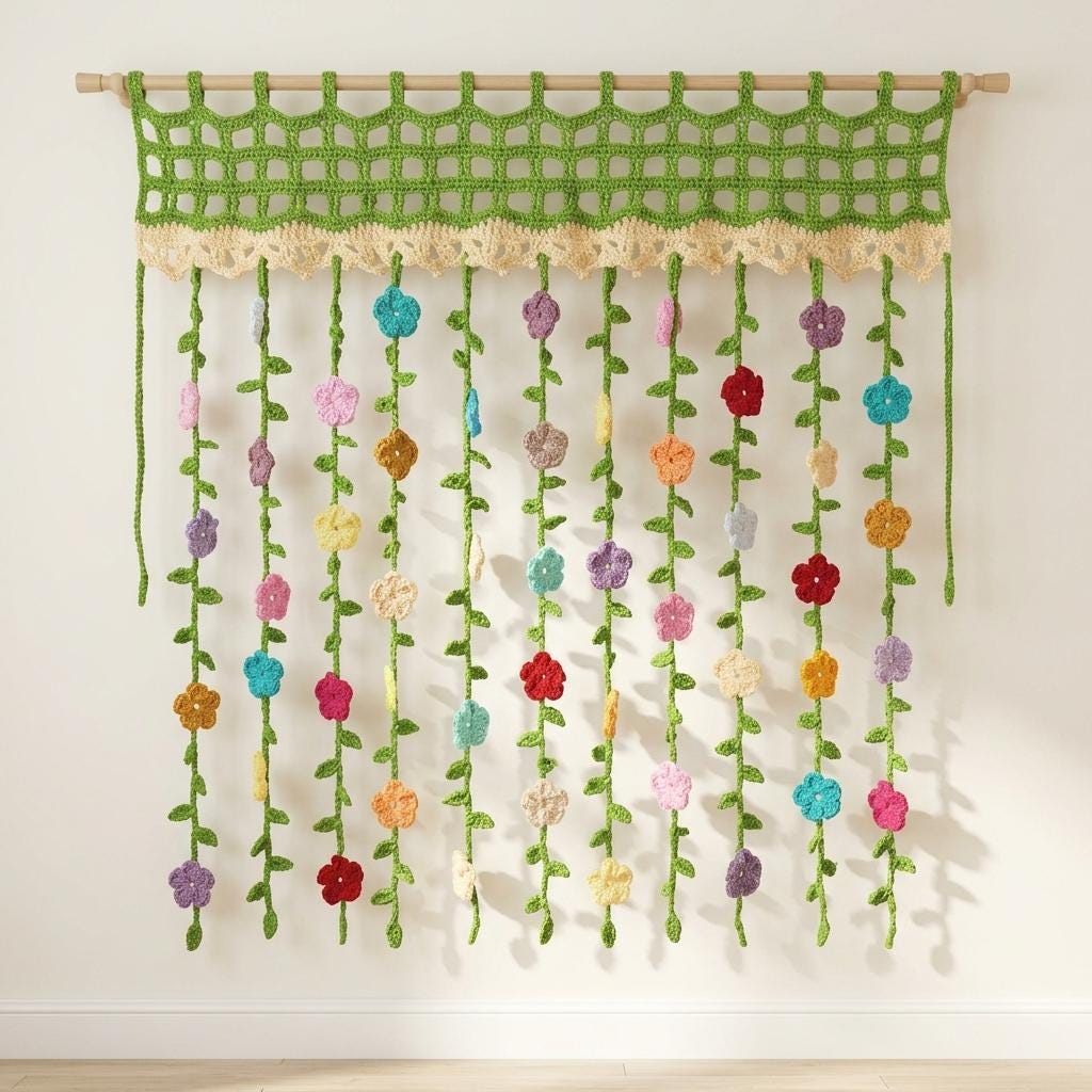 39 Beautiful Crochet Curtain Patterns to Dress Your Windows 9 Crochet Flower Garland Curtain