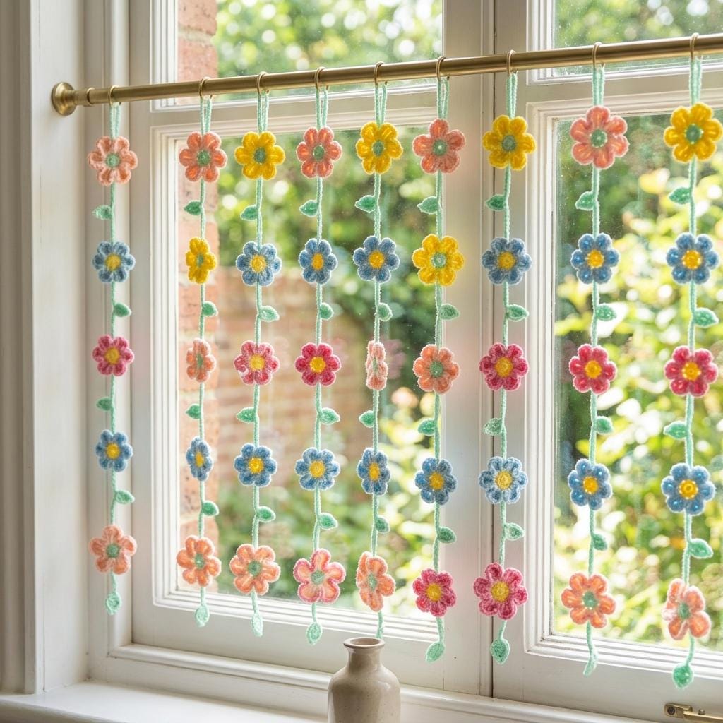 39 Beautiful Crochet Curtain Patterns to Dress Your Windows 3 Crochet Flower Garland Curtain
