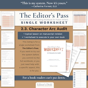 May include: A digital workbook titled The Editor's Pass, featuring a single worksheet for a 2.3 Character Arc Audit. The document includes instructional text, tables, and checklists for fiction writers, with a tan background and dark blue text.