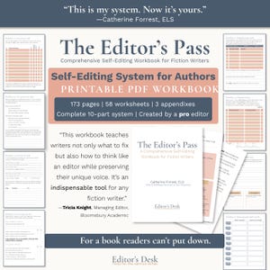 Puede incluir: The Editor's Pass es un libro de ejercicios de autoedición en PDF imprimible de 173 páginas para escritores de ficción. Incluye 58 hojas de trabajo, 3 apéndices y un sistema de 10 partes con el título, la autora Catherine Forrest y el logo.
