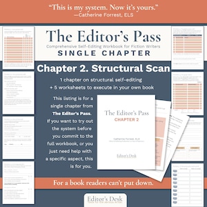 May include: A digital workbook titled The Editor's Pass Chapter 2 Structural Scan, featuring a central cover page, five surrounding worksheets with tables and text, and a dark blue background with orange accents and white text throughout.