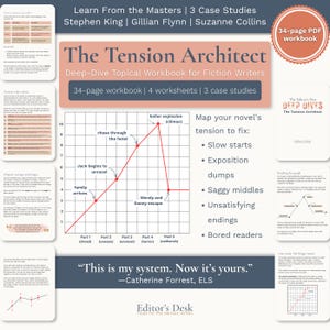 May include: A 34-page PDF workbook titled The Tension Architect, a deep-dive topical guide for fiction writers. It includes a tension graph, case studies of Stephen King, Gillian Flynn, and Suzanne Collins, four worksheets, and the quote, This is my system. Now it's yours, by Catherine Forrest, ELS.