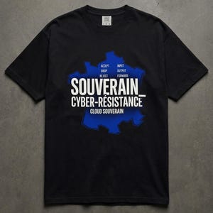 May include: Black t-shirt with a blue graphic design and white text. The design includes the words "SOUVERAIN CYBER-RÉSISTANCE" and other text. The shirt has a crew neck and short sleeves.