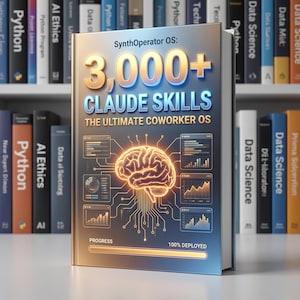 Close-up macro shot of the book cover "SynthOperator OS: 3000+ Expert Systems" standing upright, the gold and blue text glowing slightly. In the background, blurred office shelves with tech books. The cover reflects a futuristic but business-like aesthetic. Photorealistic product render, 3D book mockup, sharp focus on the title.