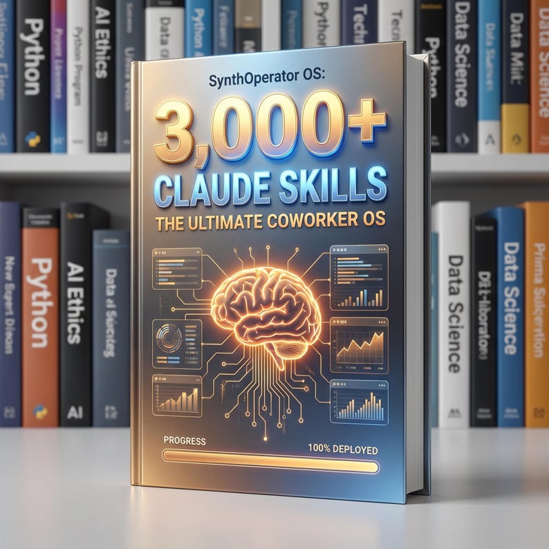 Close-up macro shot of the book cover "SynthOperator OS: 3000+ Expert Systems" standing upright, the gold and blue text glowing slightly. In the background, blurred office shelves with tech books. The cover reflects a futuristic but business-like aesthetic. Photorealistic product render, 3D book mockup, sharp focus on the title.