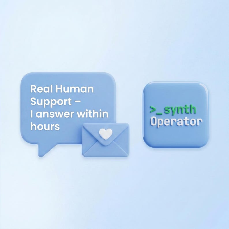 Speech bubble reading "Real human support – I reply within a few hours," featuring an envelope and heart icon. SynthOperator logo. Reassuring visual for after-sales service.