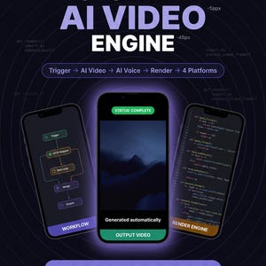 Puede incluir: Una pantalla gráfica de color morado oscuro titulada AUTOMATED AI VIDEO ENGINE con tres pantallas de teléfono inteligente que muestran un diagrama de flujo, una interfaz de estado de video completo y scripts de código. Incluye READY TO USE, 10 FILES, 4 PLATFORMS.