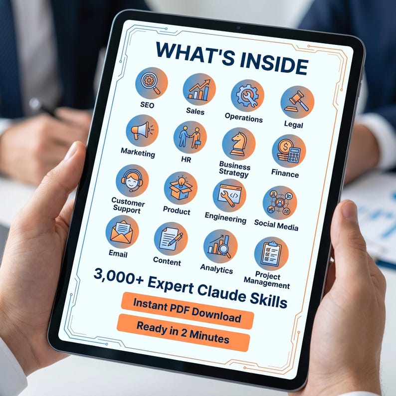 "What's Inside" infographic showing the 16 covered departments (SEO, Sales, Marketing, HR, etc.) and key benefits: over 3,000 Claude skills, instant download, ready in 2 minutes. Clean, professional design.