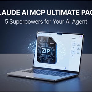 May include: A laptop displays a digital file icon labeled "ZIP" with circuit board design. The screen shows a user interface with various tools. Text at the top reads "CLAUDE AI MCP ULTIMATE PACK" and "5 Superpowers for Your AI Agent."