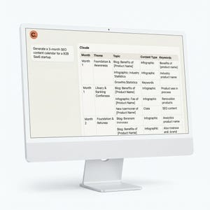 Example of a conversation within the Claude AI interface: an SEO strategy prompt and the resulting structured response. Displayed on an iMac screen against a clean white background; photorealistic rendering.