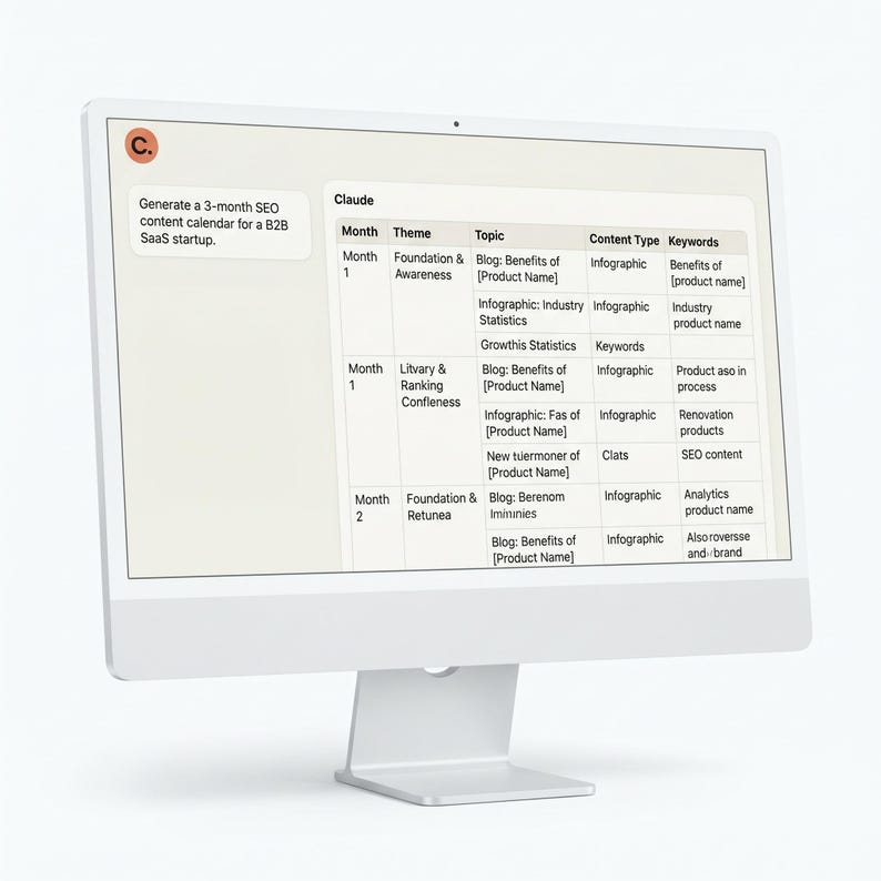 Example of a conversation within the Claude AI interface: an SEO strategy prompt and the resulting structured response. Displayed on an iMac screen against a clean white background; photorealistic rendering.