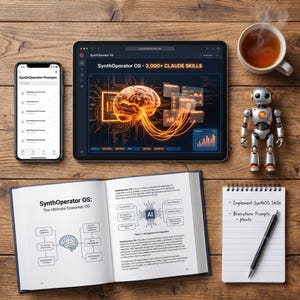 Top-down view of a desk: a tablet and smartphone displaying Claude capabilities, the book *SynthOperator*, a notebook, and tea. Lifestyle image for an AI productivity digital product.