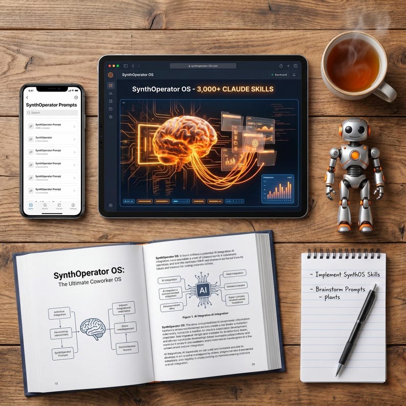 Top-down view of a desk: a tablet and smartphone displaying Claude capabilities, the book *SynthOperator*, a notebook, and tea. Lifestyle image for an AI productivity digital product.