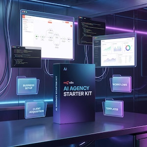 Può includere: Una scatola blu scuro con l'etichetta n8n AI AGENCY STARTER KIT su una scrivania. Attorno fluttuano cartelle digitali traslucide etichettate BUSINESS SETUP, WORKFLOWS, CLIENT ACQUISITION e TEMPLATES, insieme a schermi che mostrano codice e grafici.