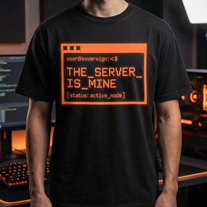 May include: Black t-shirt with orange text that reads "THE_SERVER_ IS_MINE" inside an orange box. The text includes "user@sovereign:<$" and "[status: active_node]" in a computer-like font. The shirt is worn by a person.