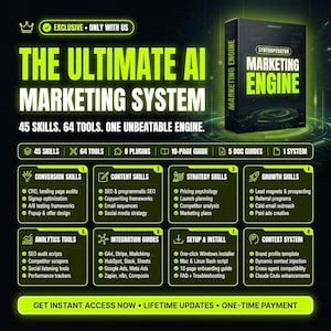 Op de afbeelding: Een digitale productdoos getiteld Synthoperator Marketing Engine met neon-groene tekst op een zwarte achtergrond. Het bevat 45 vaardigheden, 64 tools, 8 plug-ins, een gids van 10 pagina's, 5 documentgidsen en 1 systeem voor marketingdoeleinden.