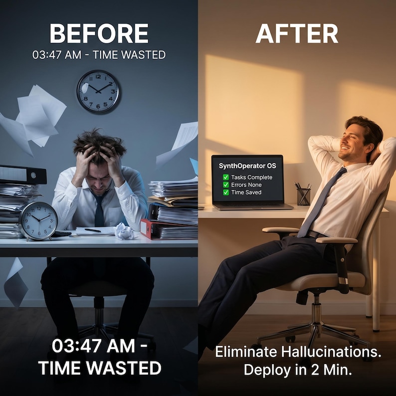 Before/after visual: on the left, confusion and wasted time; on the right, serenity and productivity thanks to SynthOperator OS. Text: "Eliminate hallucinations, deploy in 2 minutes." Corporate style.