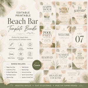 Op de afbeelding: Een afdrukbare Beach Bar Template Bundle met een tropisch thema. De bundel bevat sjablonen voor Happy Hour, Sunset Party, DJ Beach Night, Pool Party en meer. Het ontwerp bevat aquarelelementen en is perfect voor zomerse evenementen.